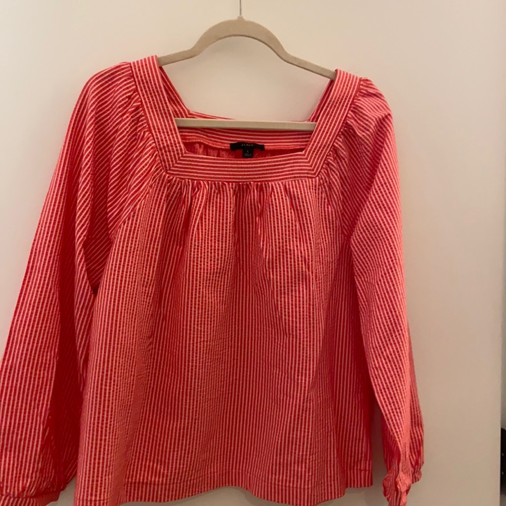 J CREW red seersucker top. Large.